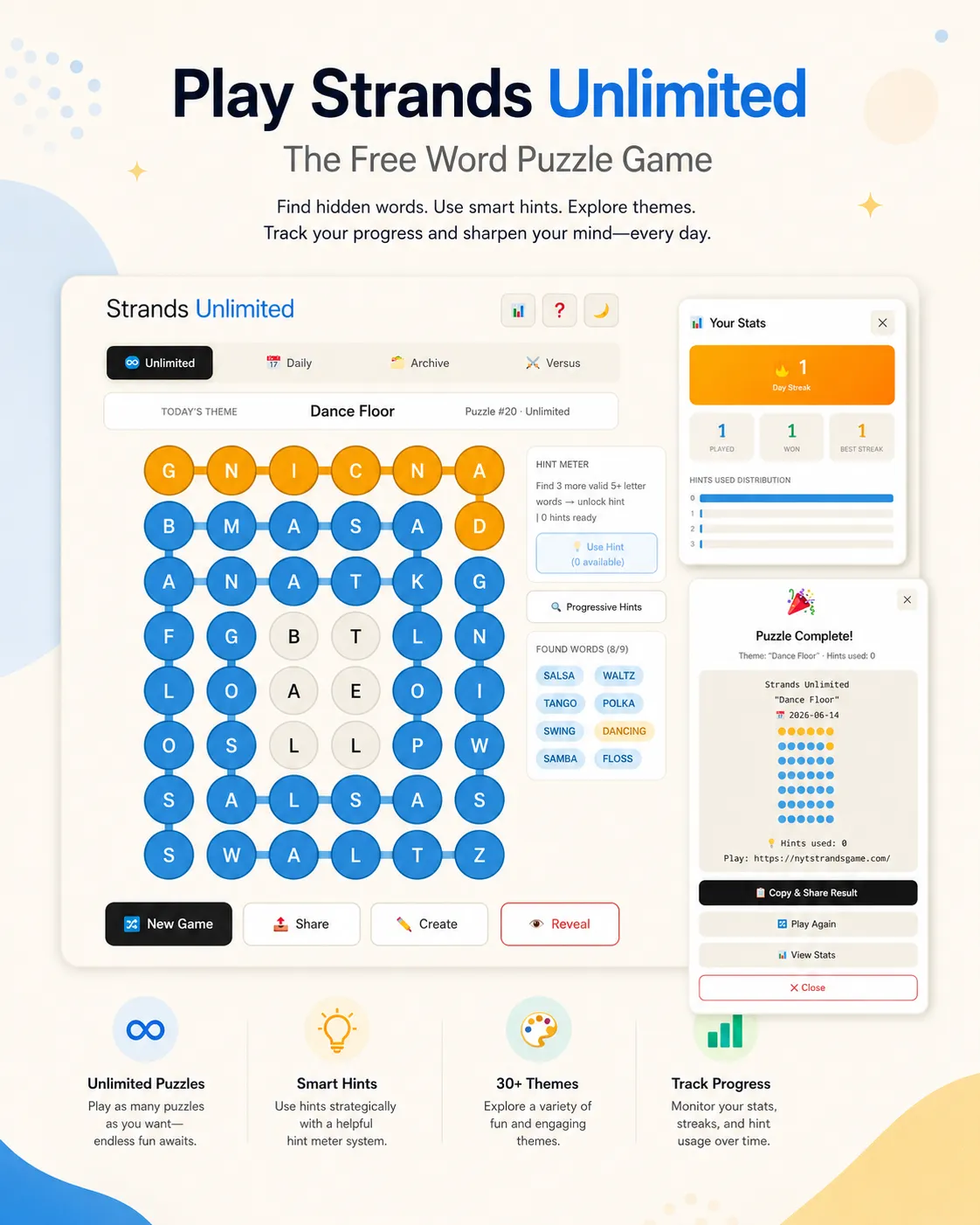 Play Strands Unlimited free word puzzle game with hidden words, smart hints, themes, and progress tracking