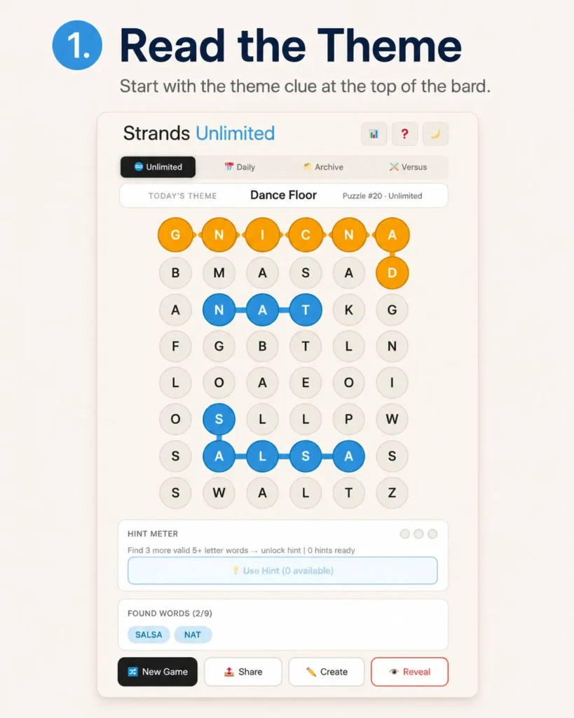 How to play Strands Unlimited by reading the theme clue before solving the word puzzle