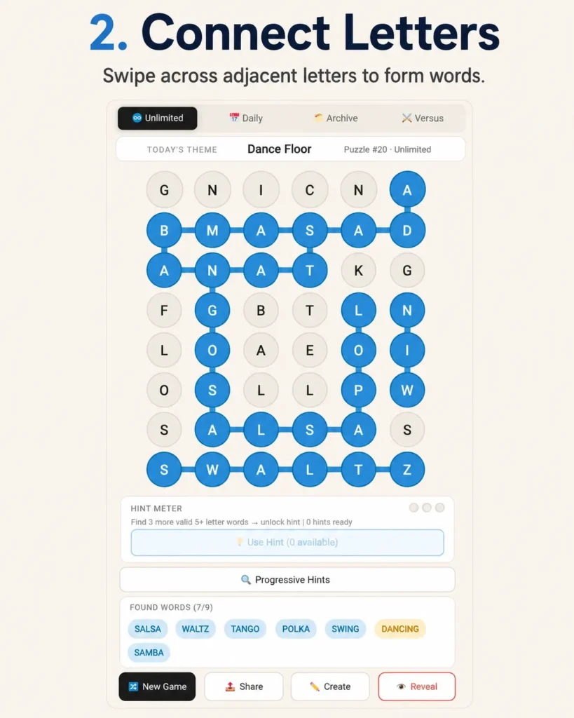 Strands Unlimited gameplay showing connected letters used to form hidden theme words