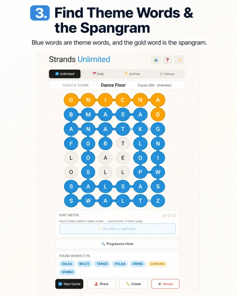 Strands Unlimited puzzle showing blue theme words and gold spangram in the letter grid