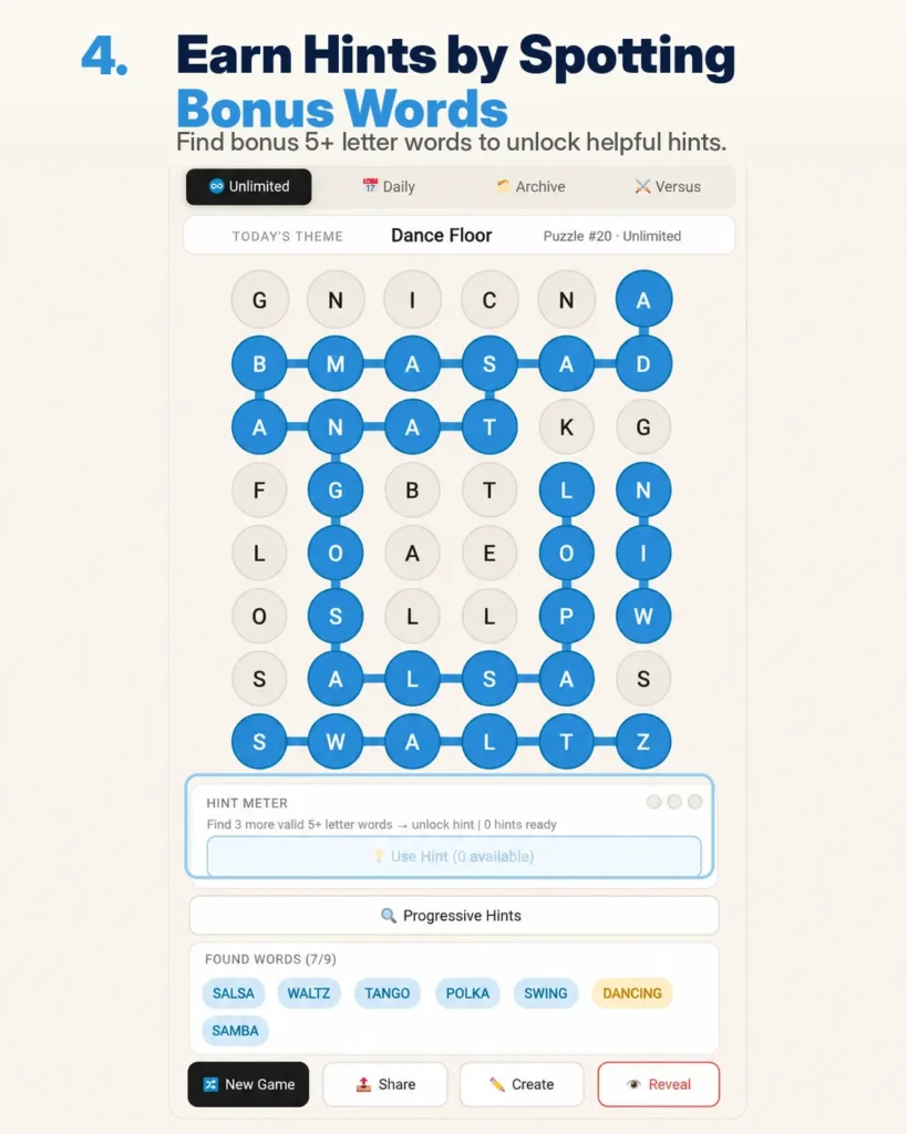 Strands Unlimited hint meter showing how bonus words unlock helpful puzzle hints